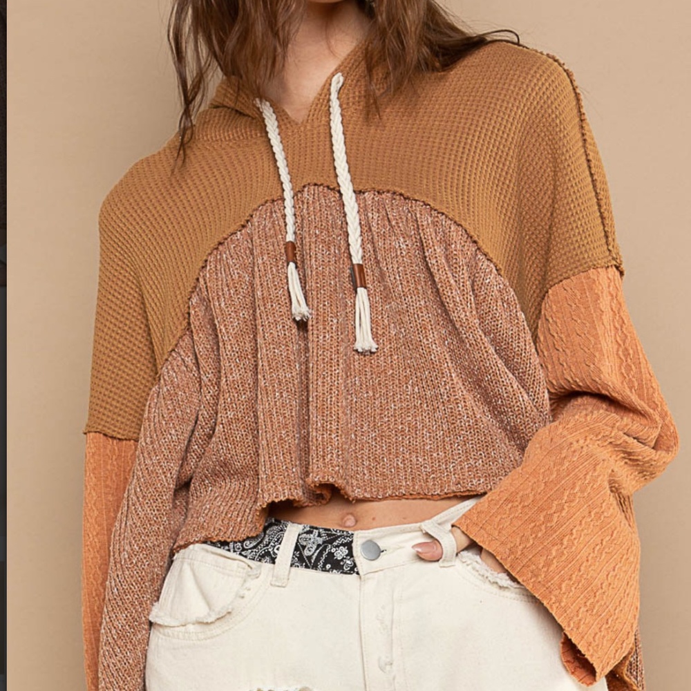 POL Waffle Knit Bell Sleeve Contrast Hoodie Women's Crop Top Oversized #S34
